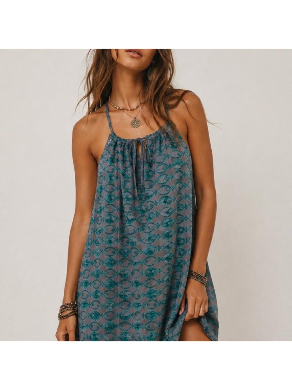 BDG Women's Eva Tie Front Trapeze Mini Dress Size Large Fish Print Novelty Blue